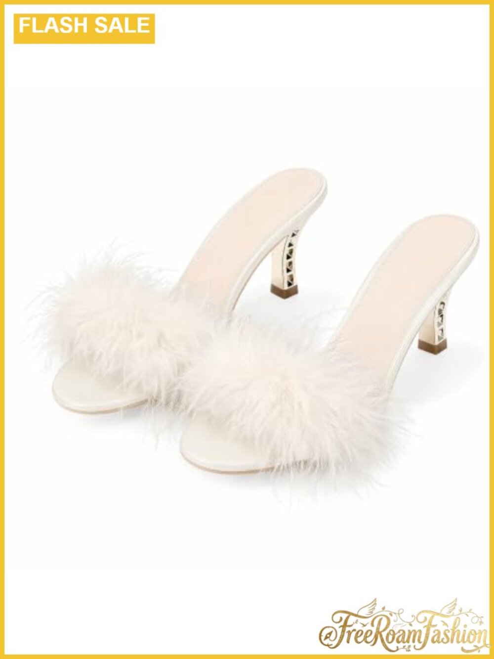 Faux Fur Feather Kitten Heel Open Toe Slide Slippers Party